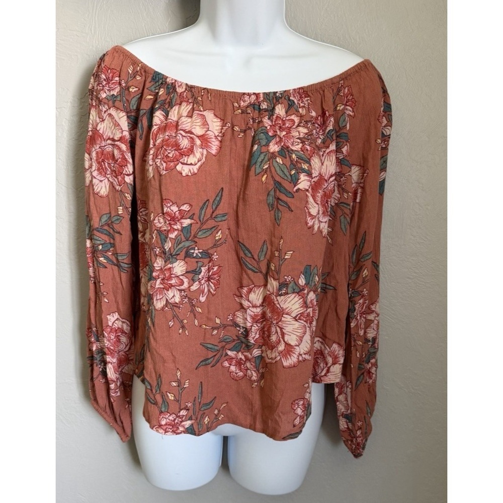 Billabong Top Womens Size Medium Pink Off The Shoulder Floral Top Long Sleeve